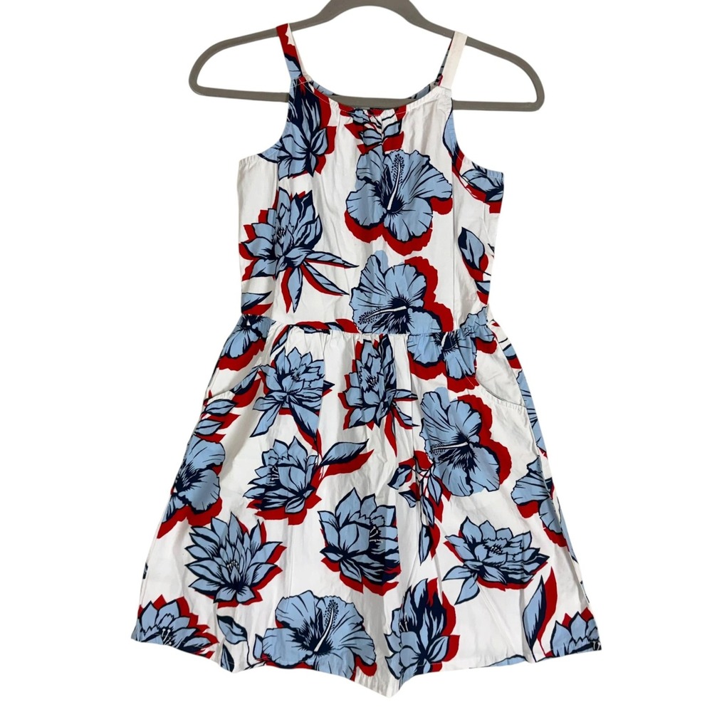 Crazy 8 Dress Girls 12 White Blue Floral Sleeveless Button Back Pockets